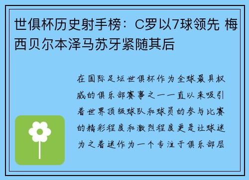 世俱杯历史射手榜：C罗以7球领先 梅西贝尔本泽马苏牙紧随其后