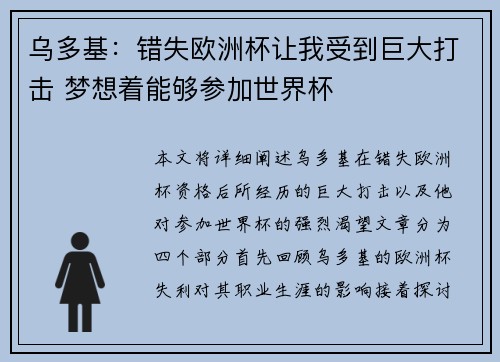 乌多基：错失欧洲杯让我受到巨大打击 梦想着能够参加世界杯