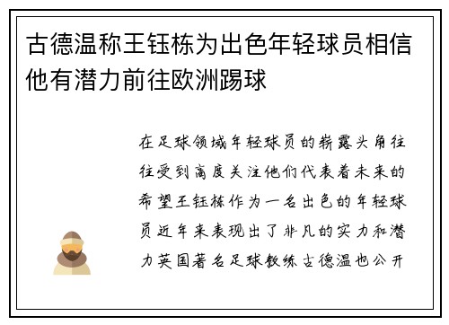 古德温称王钰栋为出色年轻球员相信他有潜力前往欧洲踢球